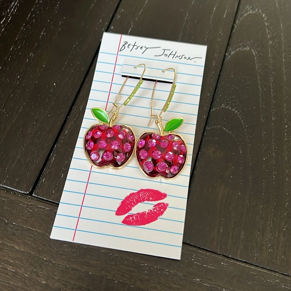 Betsey Johnson Pink Crystal Apple Earrings - Picture 4 of 4